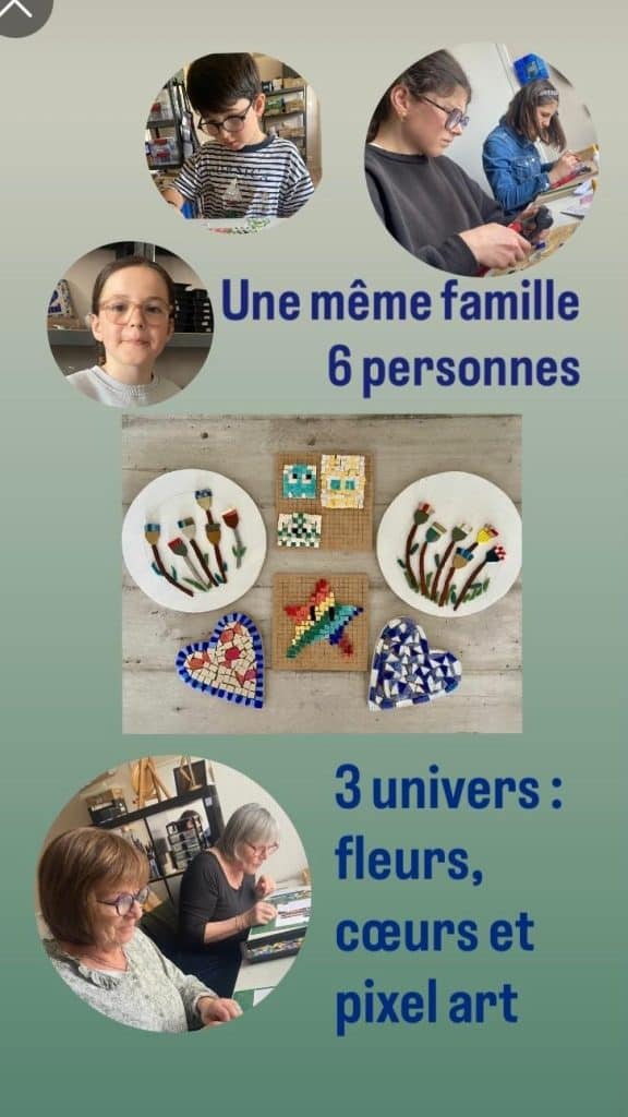 Atelier mosa&iuml;que en famille &agrave; Ch&acirc;teaulin : cr&eacute;ation de fleurs, pixel art et c&oelig;urs fa&ccedil;onn&eacute;s &agrave; la main