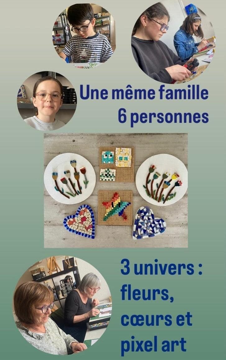 Atelier mosa&iuml;que en famille &agrave; Ch&acirc;teaulin : cr&eacute;ation de fleurs, pixel art et c&oelig;urs fa&ccedil;onn&eacute;s &agrave; la main