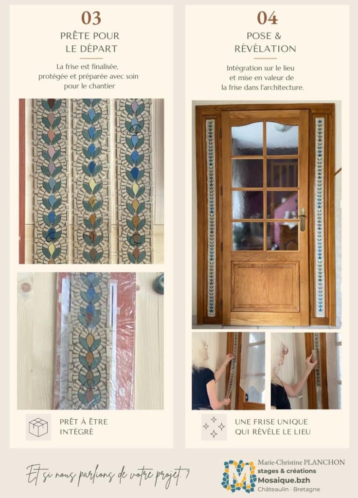Planche &eacute;ditoriale pr&eacute;sentant les &eacute;tapes de cr&eacute;ation d&rsquo;une frise mosa&iuml;que sur mesure inspir&eacute;e de la fa&iuml;ence de Quimper : recherches graphiques, &eacute;chantillons, fabrication en atelier, pr&eacute;paration &agrave; l&rsquo;exp&eacute;dition et r&eacute;sultat final apr&egrave;s pose sur une porte int&eacute;rieure.