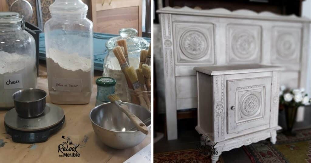 Mati&egrave;res naturelles (chaux, blanc de Meudon) et meuble patin&eacute; &agrave; la cas&eacute;ine dans l'atelier On Relook ton Meuble de Pleyben.