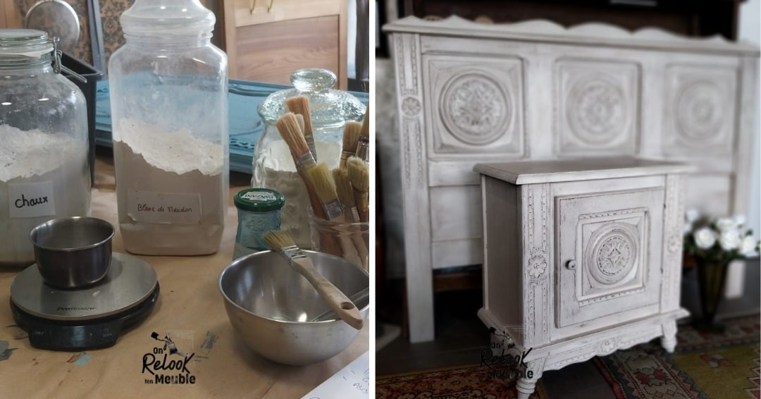 relooking-meuble-naturel-caseine-patine-claire-artisanat-bretagne Matières naturelles (chaux, blanc de Meudon) et meuble patiné à la caséine dans l'atelier On Relook ton Meuble de Pleyben.