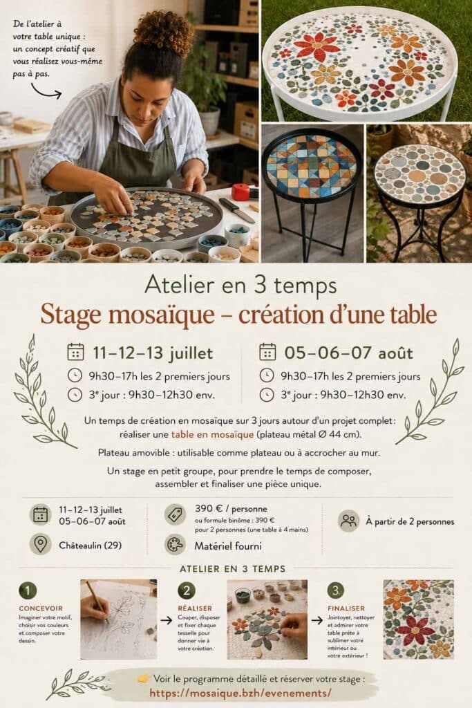 Affiche du stage mosa&iuml;que &ldquo;cr&eacute;ation d&rsquo;une table en 3 temps&rdquo; anim&eacute; par Marie-Christine Planchon &agrave; Ch&acirc;teaulin en Bretagne : conception, d&eacute;coupe, collage et jointage d&rsquo;une table en mosa&iuml;que avec exemples de cr&eacute;ations artisanales color&eacute;es.